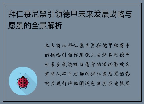 拜仁慕尼黑引领德甲未来发展战略与愿景的全景解析