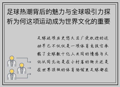 足球热潮背后的魅力与全球吸引力探析为何这项运动成为世界文化的重要一部分 足球热潮背后的魅力与全球吸引力探析为何这项运动成为世界文化的重要一部分